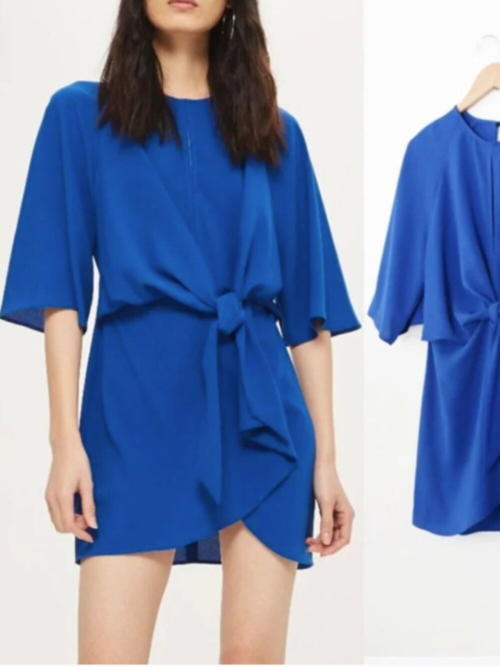 Topshop Dress Wide Half Sleeves Knot Tie Front Cobalt Royal Blue Mini Dress US 8 - Picture 2 of 5